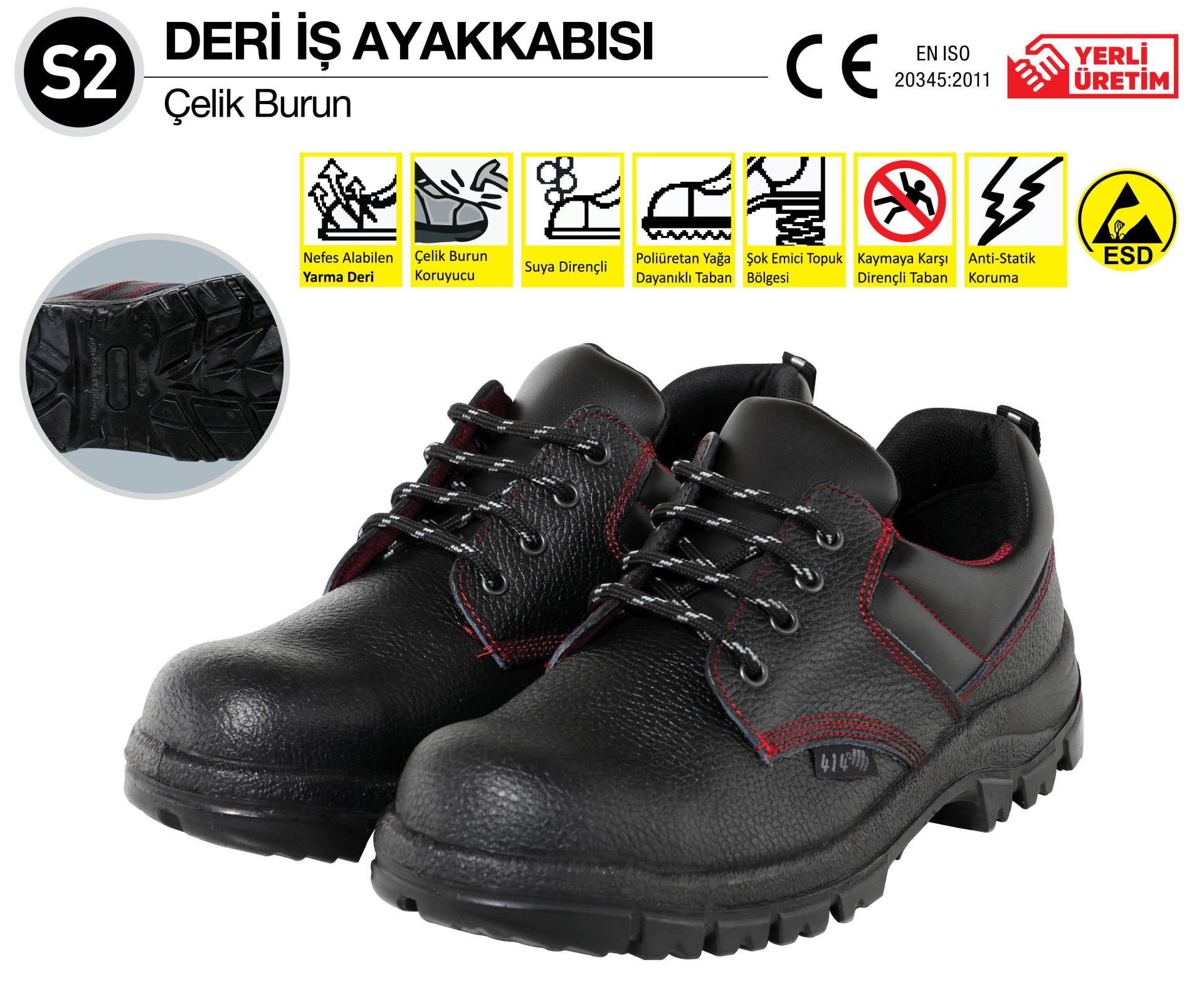 414 - (44 Numara) S2 DERİ İŞ AYAKKABISI ÇELİK BURUN