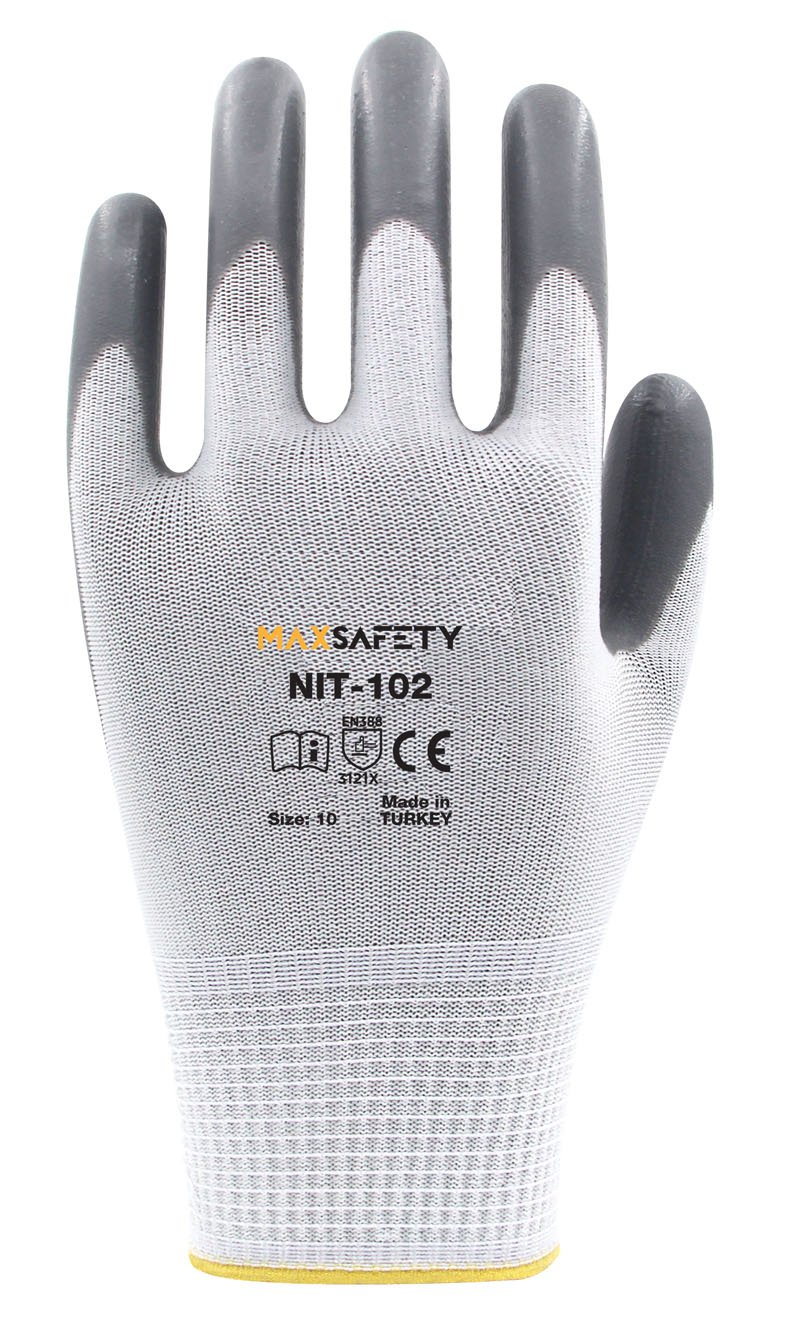 MAXSAFETY NIT-102 NİTRİL KAPLI ELDİVEN (GRİ-BEYAZ)